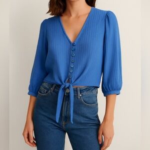 ZARA Blue Textured Button-Front Tie Blouse (XS)